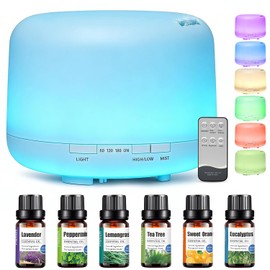 Salandens Difusor de Aceites Esenciales 500ML, Difusor de Aromas con 6 Aceites Esenciales, Humidificador de Aire con 7 Colores de Luz Led, 2 Niveles De Niebla y Control Remoto, para Casa y Oficina