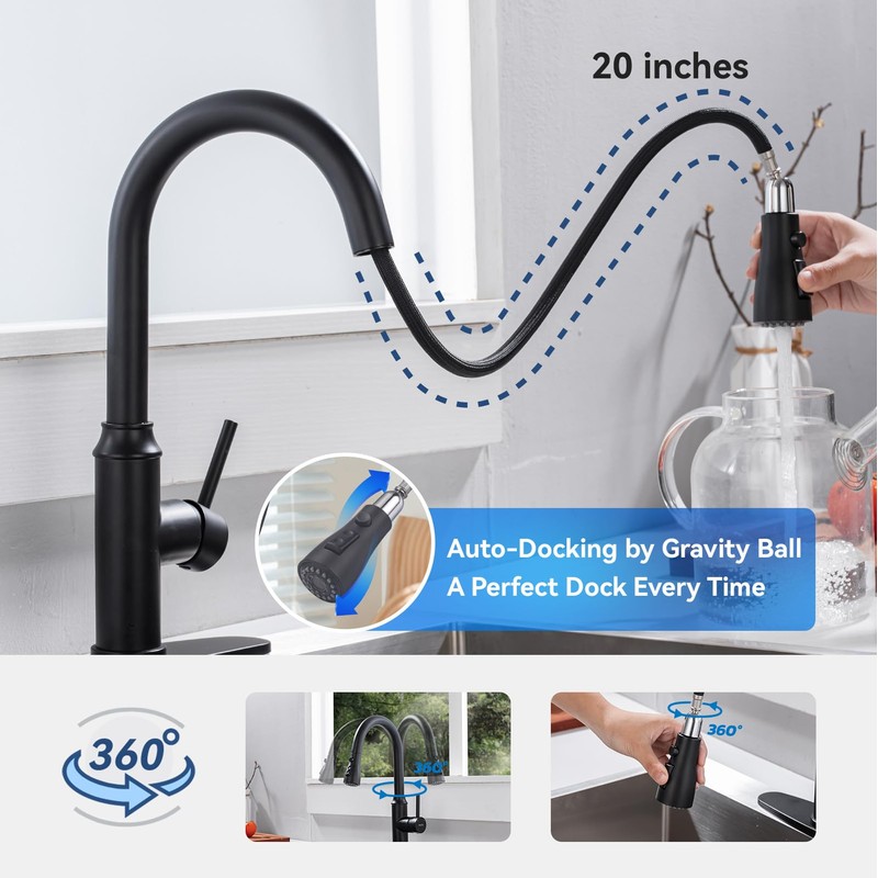 Matte Black Kitchen Faucet with Pull Down Spayer Arofa Single