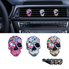 3PCS Bling Skull Car Air Fresheners Vent Clip, Colorful Diamond Car Diffuser Vent Clip, Car Air Conditioner Decoration Clip, Funny Horror Car Interior Accessories for Women Girls