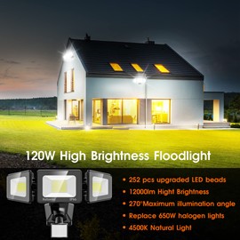 kelinvmi 120W LED Flood Lights Outdoor with Motion Sensor, 12000LM 4500K Daylight, IP66 Waterproof Dusk to Dawn Outdoor Security Lights for Garage, Yard, Outside