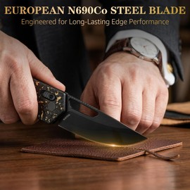 RXLUY Folding Pocket Knife, 3.38" N690Co Premium Steel Blade Carbon Fiber Handle Knives, EDC Family Outdoor Camping Knife, Small Tool for Hunting Survival Hiking, Gifts for Men Women (Black-Gold)