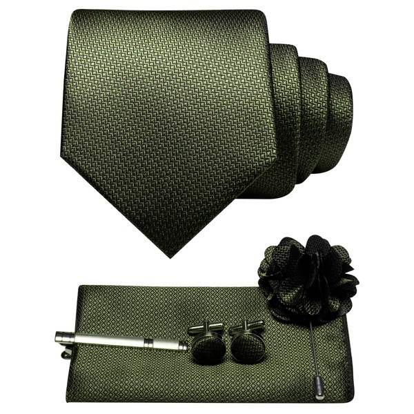 JEMYGINS Mens Olive Green Tie and Lapel Pin Necktie Pocket