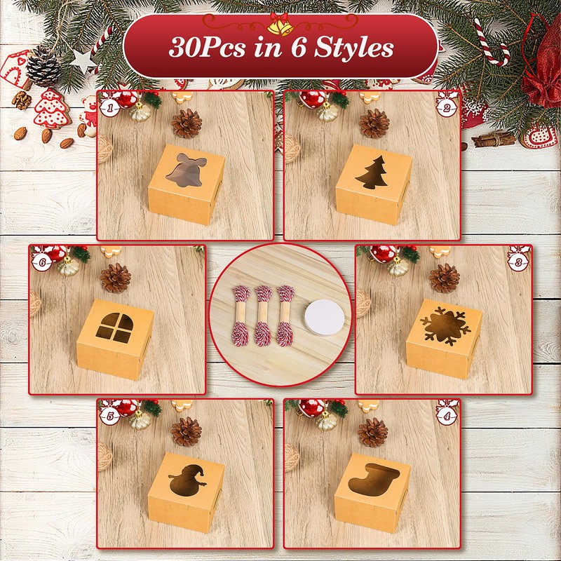 COTOPHER 30Pcs Christmas Cookie Boxes with Window, 4x4x2.5 inch Kraft