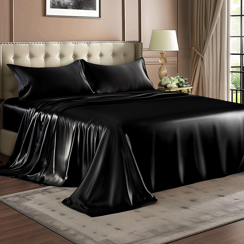 BEDELITE Satin Sheets California King Size Bed Set, Black, 4