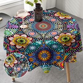 iEvery Tablecloth Washable Round 150 Tablecloth Boho Style for Outdoor Use Round Garden Tablecloth Mandala Outdoor Table Cloth Weatherproof for Garden Kitchen Garden Table Dining Table Party