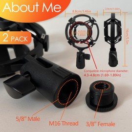 YTDSUP Microphone Shock Mount 2 PACK, Mic Holder Clip for 43-48mm/1.69~1.9in Diameter Condenser Microphone, 3/8 or M16 Internal Thread, with 5/8" Male to 3/8" Female Screw Adapter, Easy to Use (Black)