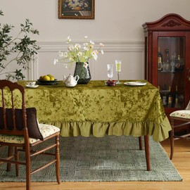 Fillarrie Velvet Tablecloth, Vintage French Country Farm House Kitchen Dining Table Outdoor Party Christmas Ruffles Ruffle Party Placemat (Olive Green, W63*L118)