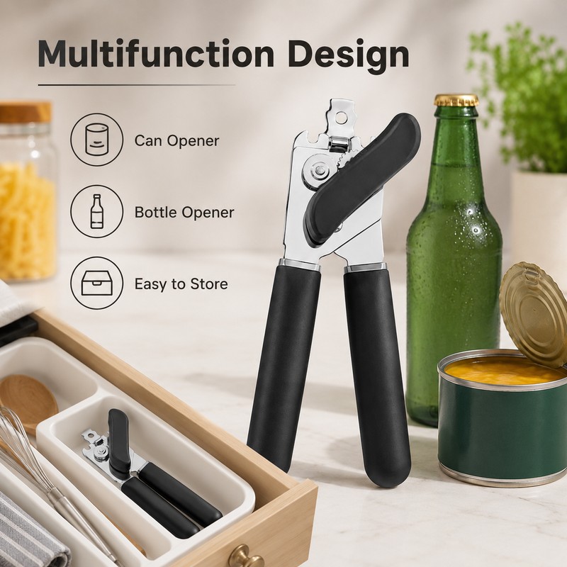 Stainless Steel Manual Can Opener with Ergonomic Non-Slip Handles, Multifunctional