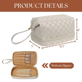 NGIL Faux Leather Cosmetic Bag for Women, Makeup Bag Organizer, Makeup Brush Storage, Portable Travel Bag for Toiletries (Checkered, Cream, Medium)
