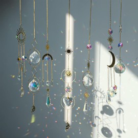 7Pcs Colorful Crystals Suncatchers, Hanging Sun Catchers with Chain Pendant, Crystal Sun Moon Star Rainbow Balls Prisms Ornament for Window Garden Christmas Party Wedding Decoration