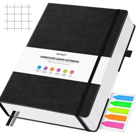 Graph Paper Notebook, 312 Numbered Pages Large A5 Hardcover Leather Journal, 100gsm No Bleed Grid Paper Notebook with Index Pages, Grid Notebook for Graphing Notes Math, 5.75" x 8.38", Black