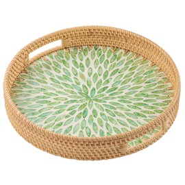 Upgrade 13.8" Round Rattan Serving Tray with Handle, Mother of Pearl Inlay Wooden Base, Decorative Wicker for Table, Kitchen Island & Home Decor (Green Leaf)