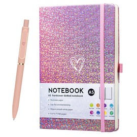 HJWKJUS Bling A5 Notebook with Pen, Lined Journal Notebook A5 Notepad for Girls Women,Cute Heart Pattern Design Glitter Laser Diary College Ruled Hardcover Notebook for Work, School, Note Taking, Business (Pink)