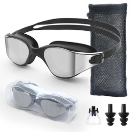 Roujune Polarised Swimming Goggles for Men and Women, UV Protection, Anti-Fog, Adjustable Strap, Comfortable Fit, Professional Swimming Goggles for Adults and Teenagers with Nose Clip and Ear Plugs