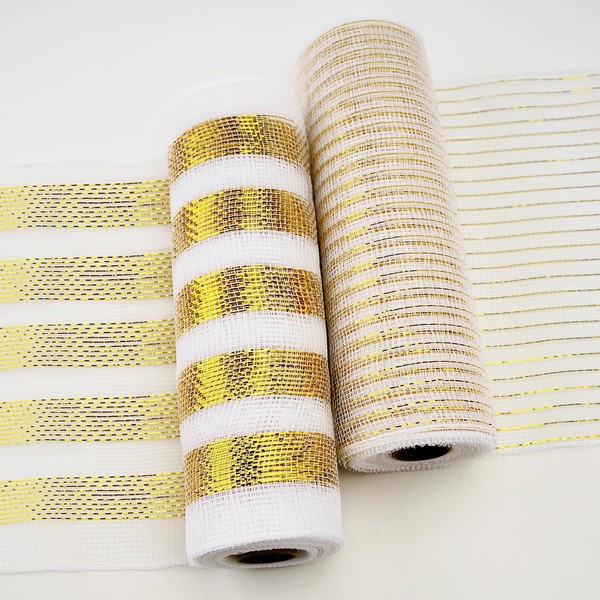 KINGLAKE Gold Mesh Ribbon 10 Inch x 30 Feet(10Yard) White