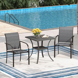 VICLLAX Small Patio Dining Table for 2/4, Square Metal Slatted Tabletop with Storage Shelf for Front Porch Lawn Garden, Dark Grey Tabletop(No Umbrella Hole)