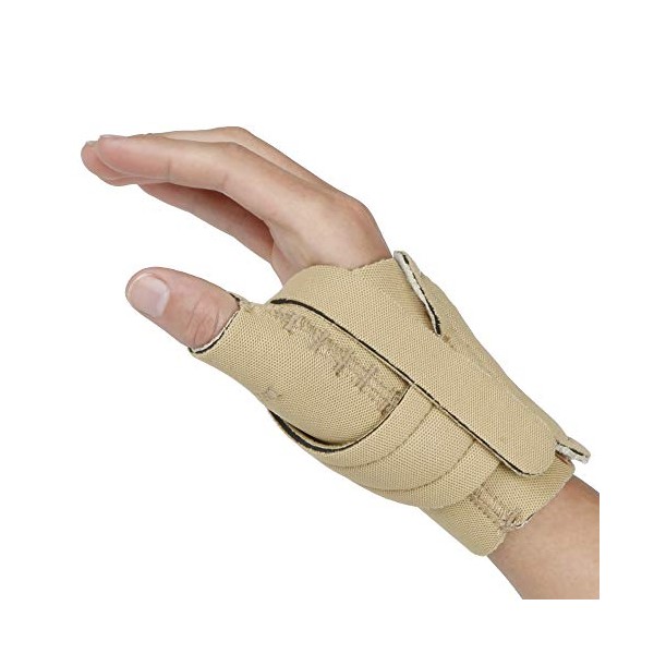 Comfort Cool Thumb CMC Restriction Splint. Beige Patented Thumb Brace Provides Support / Compression. Indications - Arthritis, Tendinitis, Dislocations, Sprains, Repetitive Use. Right Large