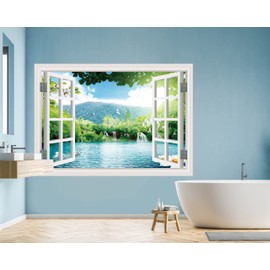 FLFK Fake Window Wall Sticker - Landscape Faux Window Wall Mural for Wall Decor, Stick and Peel Wall Decals,48"x32",Set of 2 Sheets