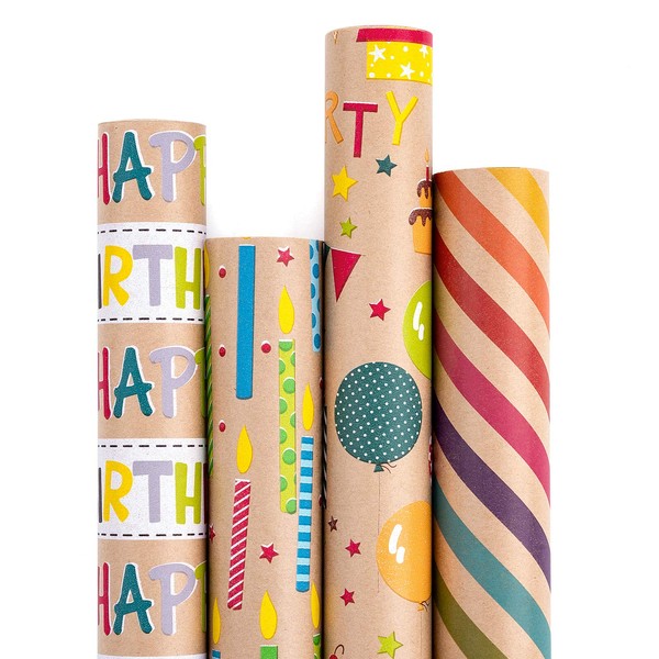 RUSPEPA Wrapping Paper Kraft Paper - Colorful Birthday Wrap Design - 4 Rolls - 30 inches x 10 feet per Roll
