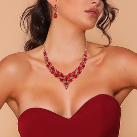 BriLove Wedding Bridal Necklace Earrings Jewelry Set for Women Austrian Crystal Teardrop Cluster Statement Necklace Dangle Earrings Set Ruby Color Silver-Tone