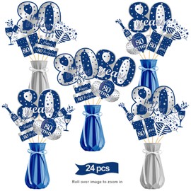 Kauayurk 24Pcs Blue Silver 80th Birthday Decorations Table Topper for Men, Including 24 Pattern Cardboards, Sticks and Adhesive Points, Double-Sided Printing Paper