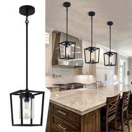 Black Pendant Light for Kitchen Island, 1-Light Farmhouse Industrial Lantern Pendant Light for Hallway Foyer Dinning Room with Clear Glass Shade, Adjustable Height