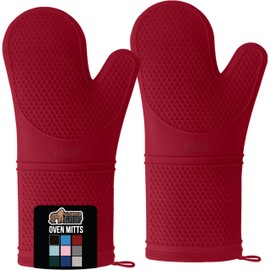 GORILLA GRIP BPA-Free Soft Silicone Oven Mitts, 14.5x8.3, Heat Resistant and Waterproof Cooking Gloves, Thick Cotton Lining, Flexible Gripping for Baking Grilling, Kitchen Potholders Set of 2, Red