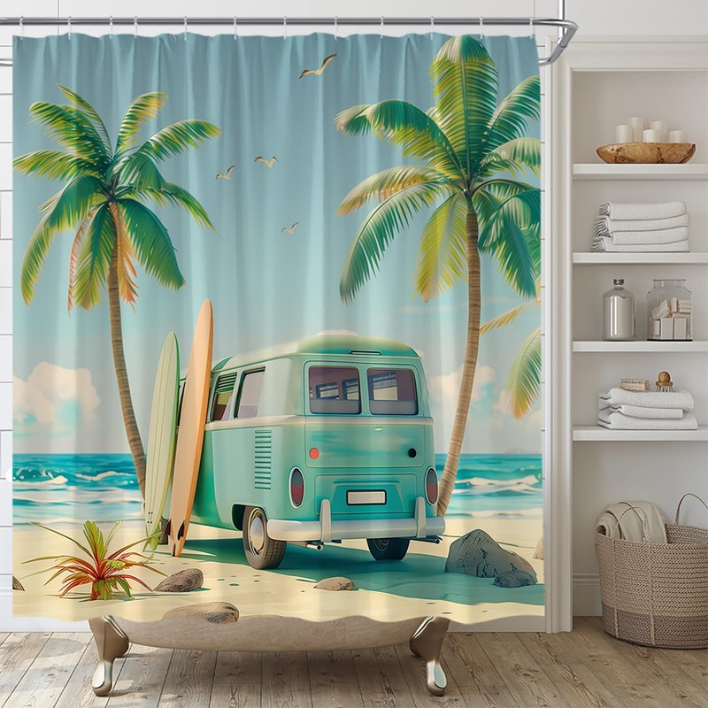 HYKHYK Tour Bus Shower Curtain Palm Tree Tropical Ocean Beach