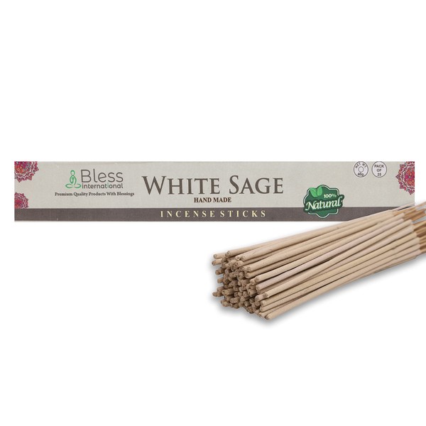 Bless-White-Sage-Incense-Sticks 100%-Natural-Handmade-Hand-Dipped-Incense-Sticks Organic-Chemicals-Free For-Purification-Relaxation-Positivity-Yoga-Meditation The-Best-Woods-Scent (25 Sticks (40GM))