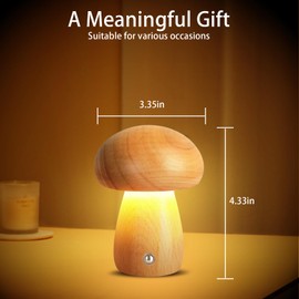 Senduzll 2 PCS Small Wooden Mushroom Lamp, Portable Cordless Rechargeable LED Touch Dimming Night Light, Perfect for Kids' Bedrooms, Nurseries & Gifts for Women, Natural Brown Finish