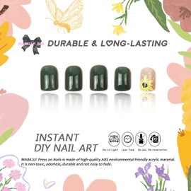 Extra Short Press on Nails Square MABKJLF Green Fake Nails Cute Nails Sunflower False Nails with Designs Glossy Glue on Nails Acrylic Nails Artificial Nails for Women Girls 24 Pcs