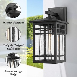 Bestshared Outdoor Wall Lantern Modern Farmhouse Exterior Wall Light Fixture Weather-Resistant Outdoor Sconce Lighting with Seeded Glass for Porch, Patio, Garage, Entryway (Black,14.5 Inch Height)
