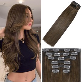 WindTouch Clip in Hair Extensions Real Human Hair #4 Medium Brown Hair Extensions Clip Ins 12inch 100g 7Pcs Human Hair Clip in Extensions Soft Straight Extensions for Women