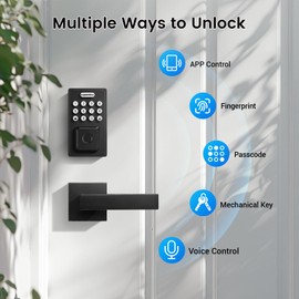 KNOBWELL Fingerprint Door Lock with Lever Handle, Smart Door Lock, Keyless Entry Door Lock, Front Door Lock Set, Biometric Keypad Door Lock with Handle, Electronic Deadbolt Lock, Matte Black
