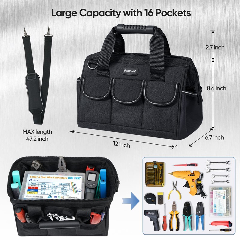TICONN 12in Tool Bag with Waterproof Soft Bottom, Multi-Pockets Wide
