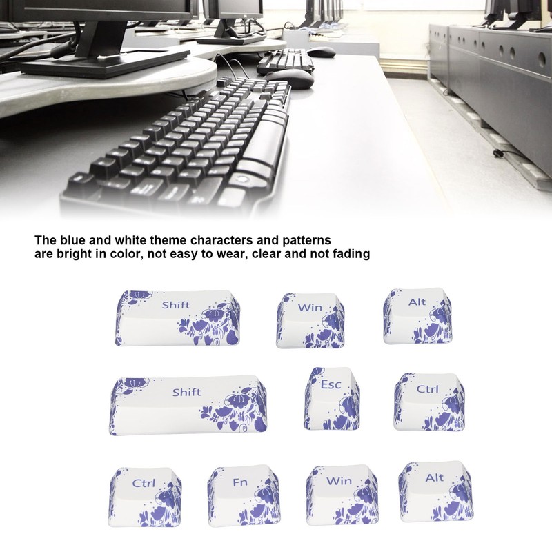 10PCS Key Caps Dye Sublimation Processblue and White Porcelain Style