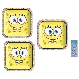 Spongebob SquarePants Birthday Party Supplies Bundle includes 24 Square Lunch Paper Plates 9" and 1 Dinosaur Sticker Sheet