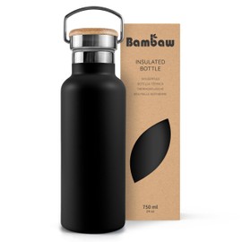 Bambaw 24 oz Insulated Stainless Steel Water Bottle - Jet Black, Leakproof, Dishwasher Safe, Double Wall, Cold 24 Hours