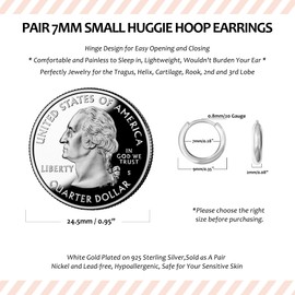925 Sterling Silver Small Silver Hoop Earrings for Women Men,White Gold Plated Hinge Huggie Hoop Earrings fit Cartilage, Helix, Tragus, Sung, Earlobe Lightweight Hypoallergenic Earring (1 Pair - 7mm)