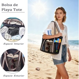 Bolso de Playa para Mujer, Bolso Tote Grande para Señoras, 23L Bolso de Hombro de con Tote de Malla con Compartimento de Cremallera, Impermeable, Adecuado para Playa, Gimnasio, Camping