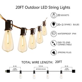 Outdoor LED Patio String Lights 20Ft with 22 Shatterproof Edison Bulbs, C9/E17 Screw Base, ST40 LED String Lights UL Listed for Patio Backyard Garden Bistro Porch String Lights-Black
