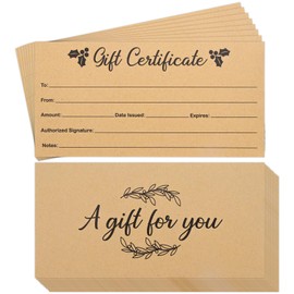 Pack of 50 Blank Kraft Gift Certificates - 3.5"x7" Kraft Paper Certificate Cards for Holiday Christmas Salon Restaurant Small Business
