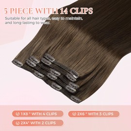 MEI YUAN LIN Clip In Hair Extensions Real Human Hair 12 Inch Chocolate Brown Remy Human Hair Clip In Extensions With 14 Clips Double Weft 85g 5pcs