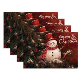 Christmas Placemats Set of 4, Classic Snowman and Christmas Tree Graphics,Table Mats,Winter Christmas Decorations Xmas Holiday Home Kitchen Table Decorations