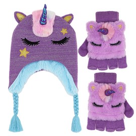 Kids Girls Cute Glitter Unicorn Beanie Winter Hat and Glove Set Knitted Earflap Cap Flip Top Mitten Set Purple