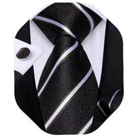 DiBanGu Black White Stripe Tie for Men Silk Black White Necktie Pocket Square Cufflinks Set