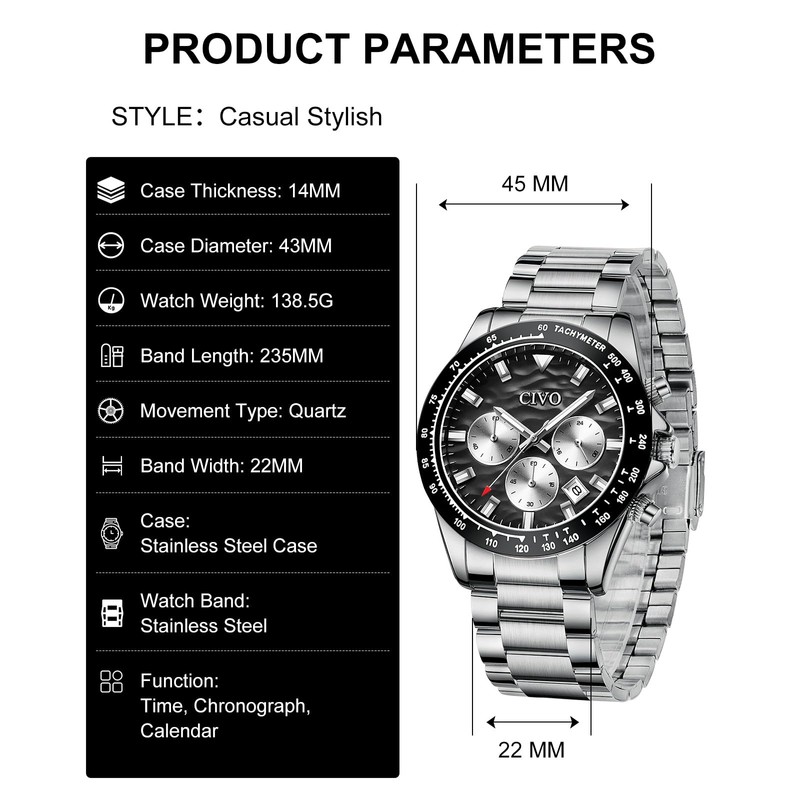 CIVO Watches Men's Military Waterproof Silver Stainless Steel Chronograph Date