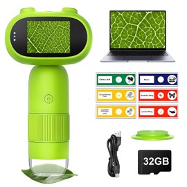 Kids Microscope, 32GB Pocket Handheld 1000X Mini Digital Microscopes, Portable Educational Science Toys for Kids, 2" Lps Screen 6 Slides 8 LEDs, Christmas Birthday Gifts for Over 3 Age Years Old