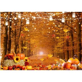 Dudaacvt Fall Thanksgiving Pumpkin Backdrop 7x5ft – Autumn Forest Path Background with Hay Bales, Corn, Leaves, and String Lights for Harvest Festival, Family Gathering, or Photo Booth Decor D640