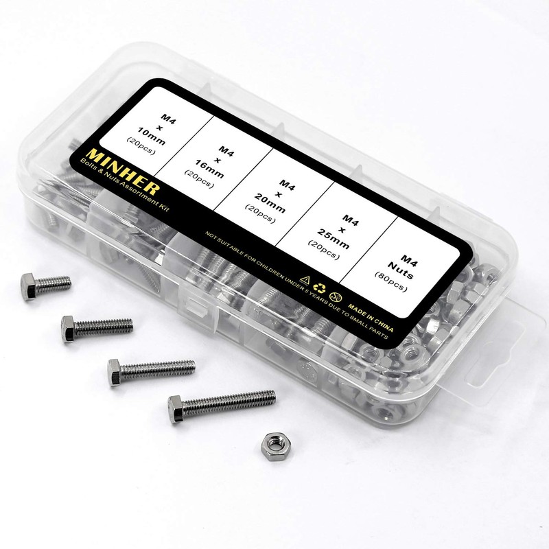 M4 304 Stainless Steel Hexagonal Screws Bolts and Nuts Set,